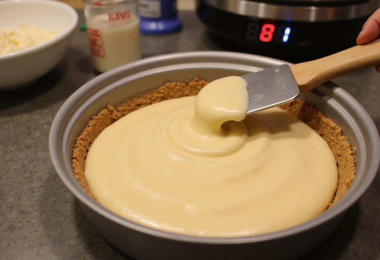 Pouring the cheesecake batter into the crust for a delicious Ravenclaw Butterbeer cheesecake, rich in protein.