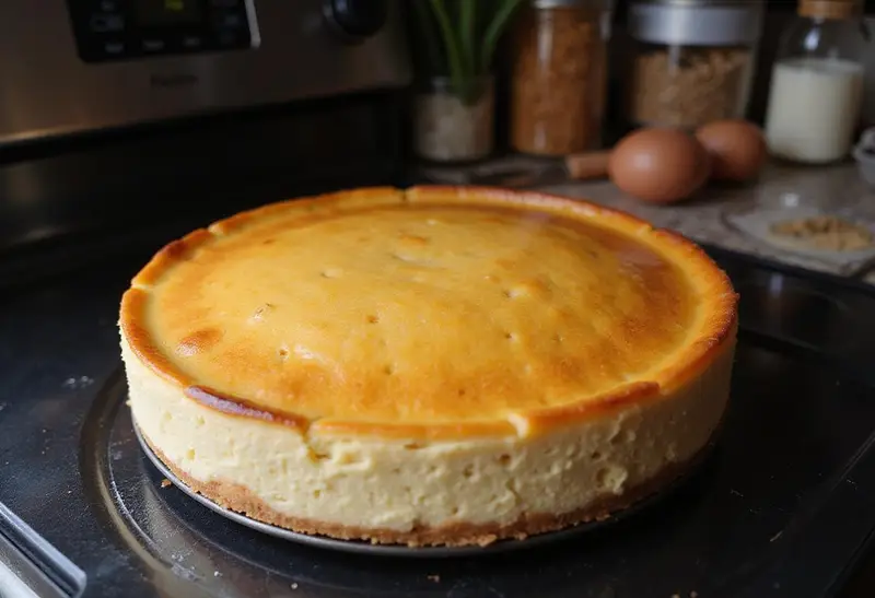 Baking the Twilight-Inspired Ravenclaw Butterbeer Cheesecake with a Cosmic Glaze in an oven, highlighting the perfect golden top and homemade atmosphere.