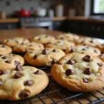 Delicious unique chocolate chip cookies cooling on a rack, showcasing almond flour and chocolate flavors in a charming kitchen.