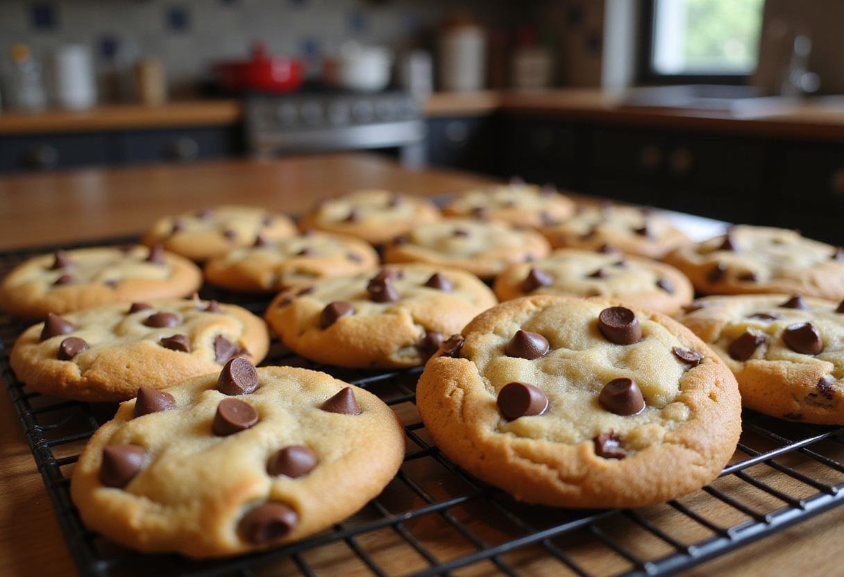 Delicious unique chocolate chip cookies cooling on a rack, showcasing almond flour and chocolate flavors in a charming kitchen.