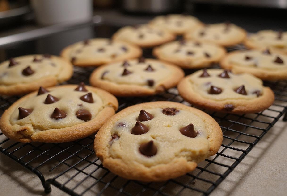 Delicious unique chocolate chip cookies cooling on a rack, showcasing almond flour and chocolate flavors in a charming kitchen.