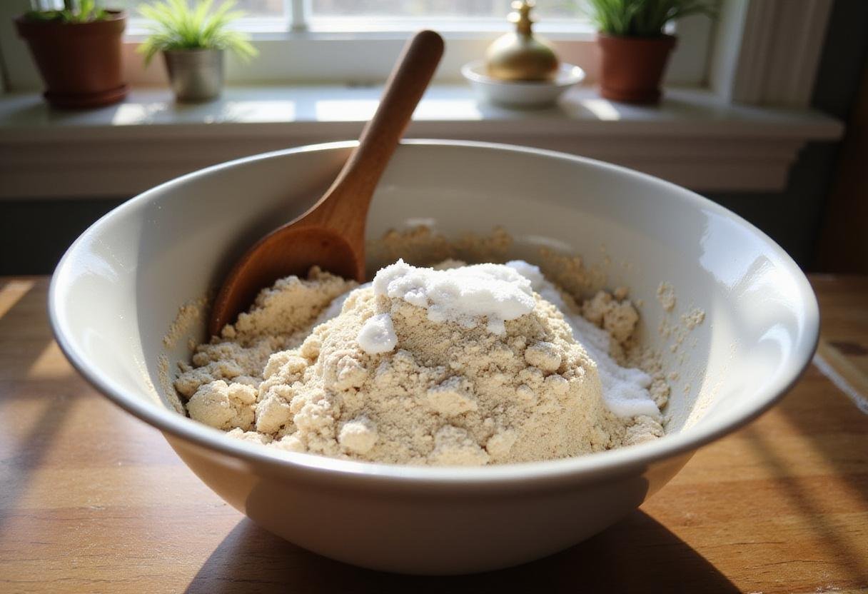 Mixing almond flour and sugar for unique chocolate chip cookies in a bright kitchen with natural light.
