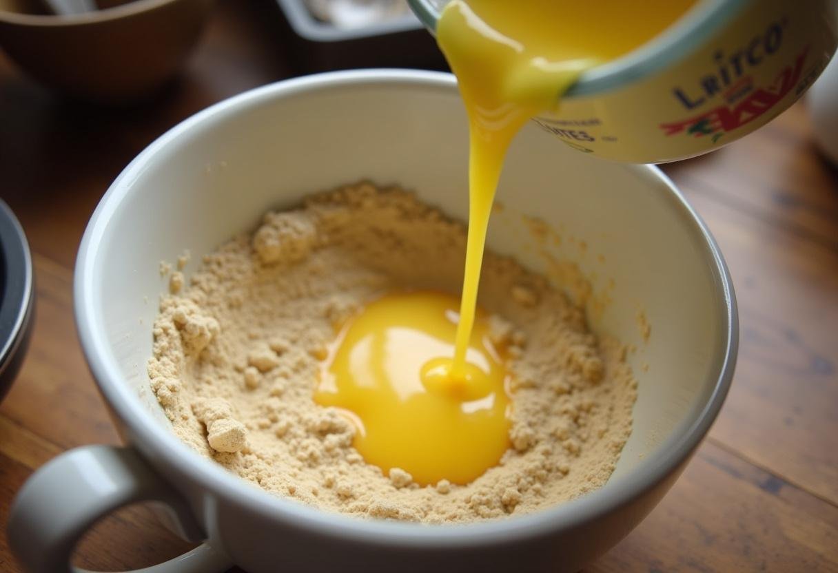 Pouring melted butter and Crisco into the cookie dough mixture for delicious chocolate chip cookies in a warm, rustic kitchen.