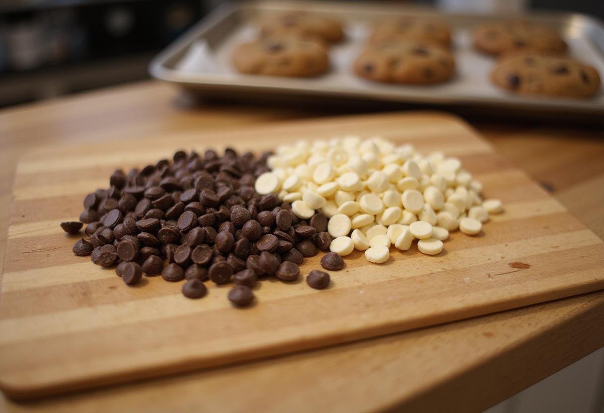 Preparing an assortment of chocolate chips for unique chocolate chip cookies on a wooden board in a homey kitchen.