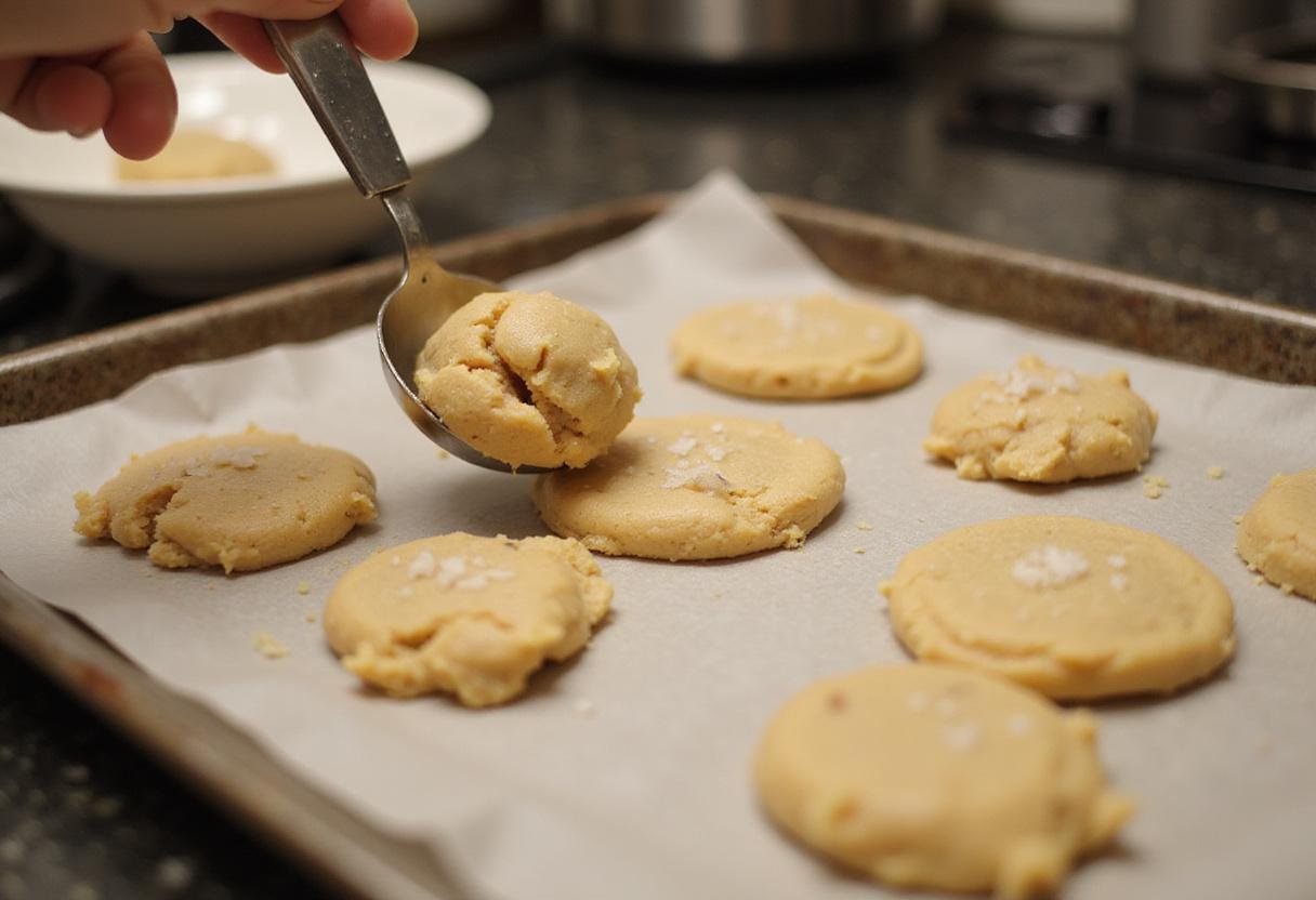 Scooping unique chocolate chip cookie dough onto a baking sheet ready for the oven, creating a delightful home baking scene.