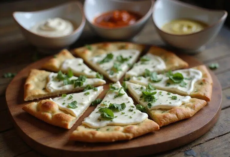 Delicious cottage cheese flatbread air fryer recipe beautifully served with dips and garnishes on a rustic table.