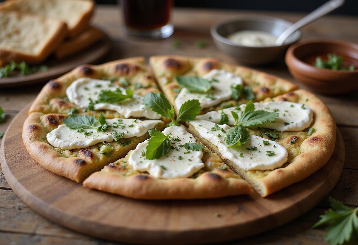 Delicious cottage cheese flatbread air fryer recipe beautifully served with dips and garnishes on a rustic table.