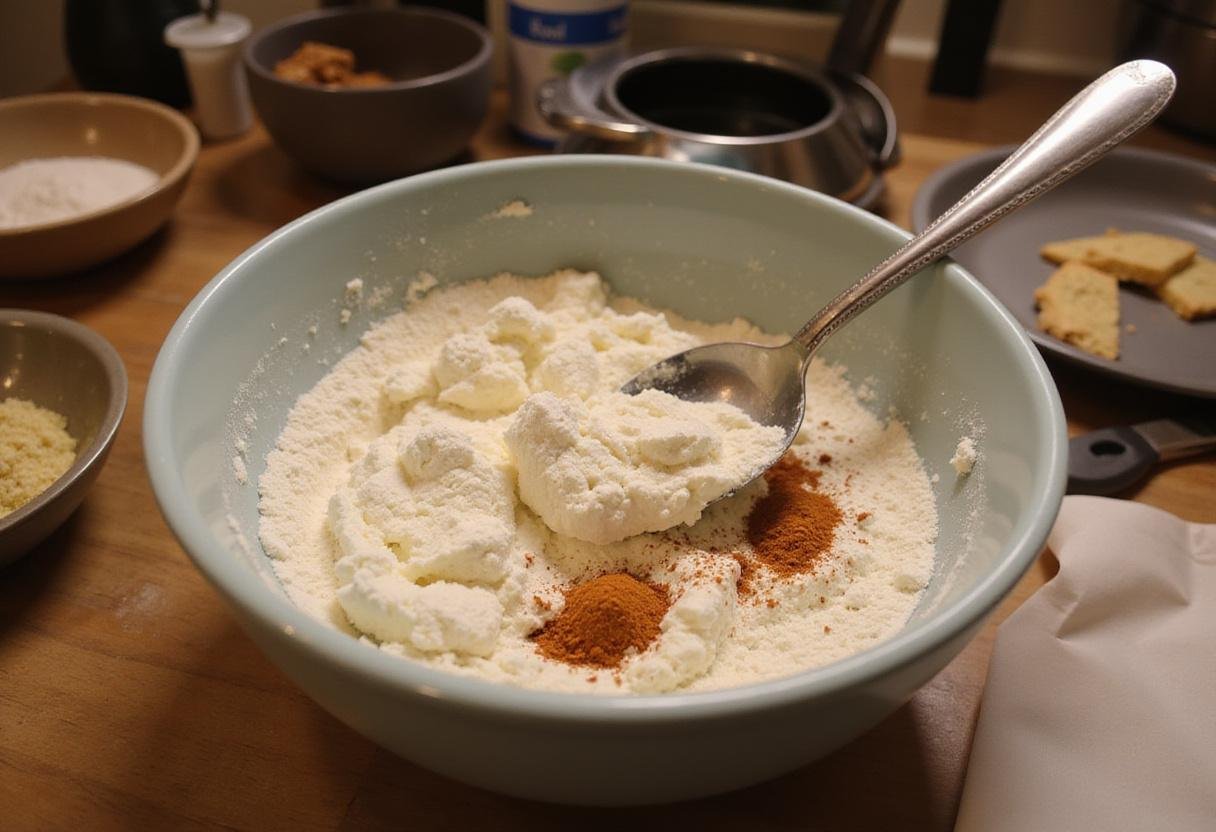 Cottage cheese flatbread air fryer preparation using flour and spices in a cozy kitchen.
