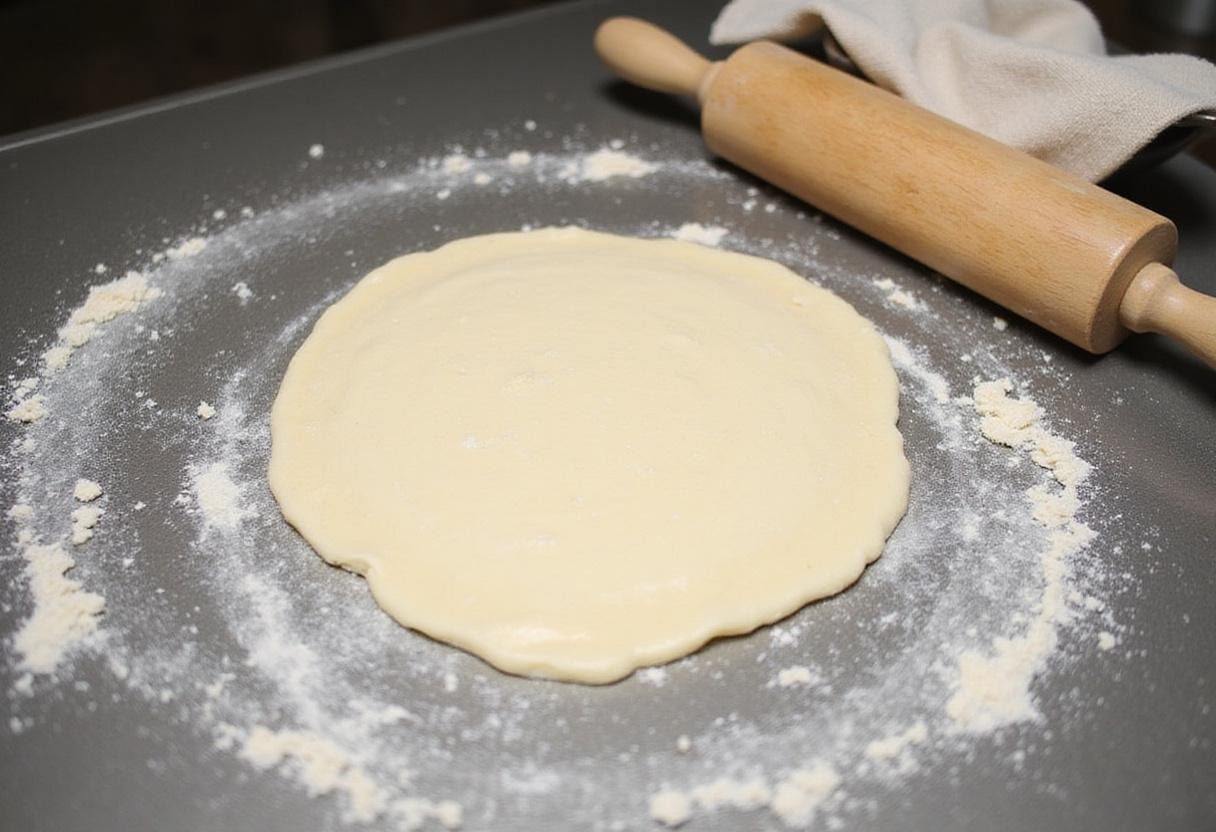 Rolling out dough for cottage cheese flatbread, preparation scene in a kitchen with flour and tools.