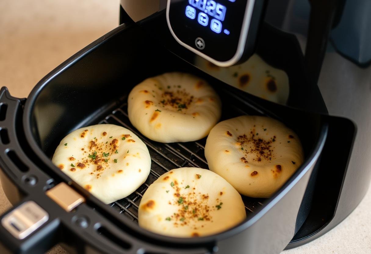 Air frying cottage cheese flatbreads with herbs in an air fryer on a kitchen countertop.