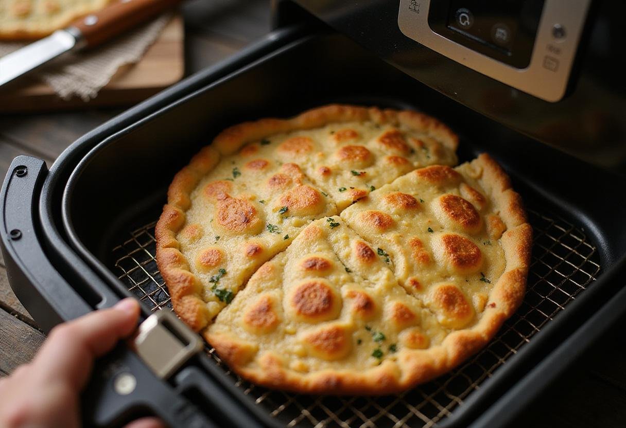 Perfectly air-fried cottage cheese flatbread in a kitchen scene, showcasing a beautiful golden finish.