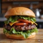 Final presentation of a delicious wagyu burger, highlighting juicy textures and fresh ingredients for the perfect meal.