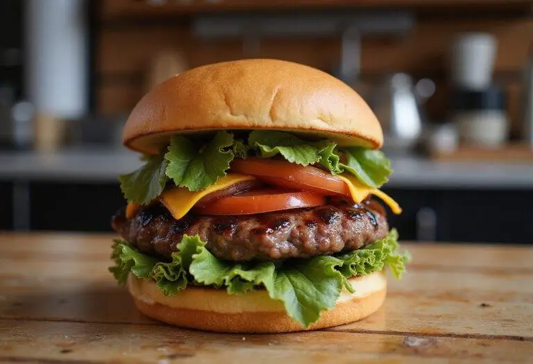 Final presentation of a delicious wagyu burger, highlighting juicy textures and fresh ingredients for the perfect meal.