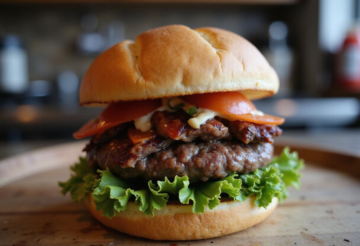 Final presentation of a delicious wagyu burger, highlighting juicy textures and fresh ingredients for the perfect meal.