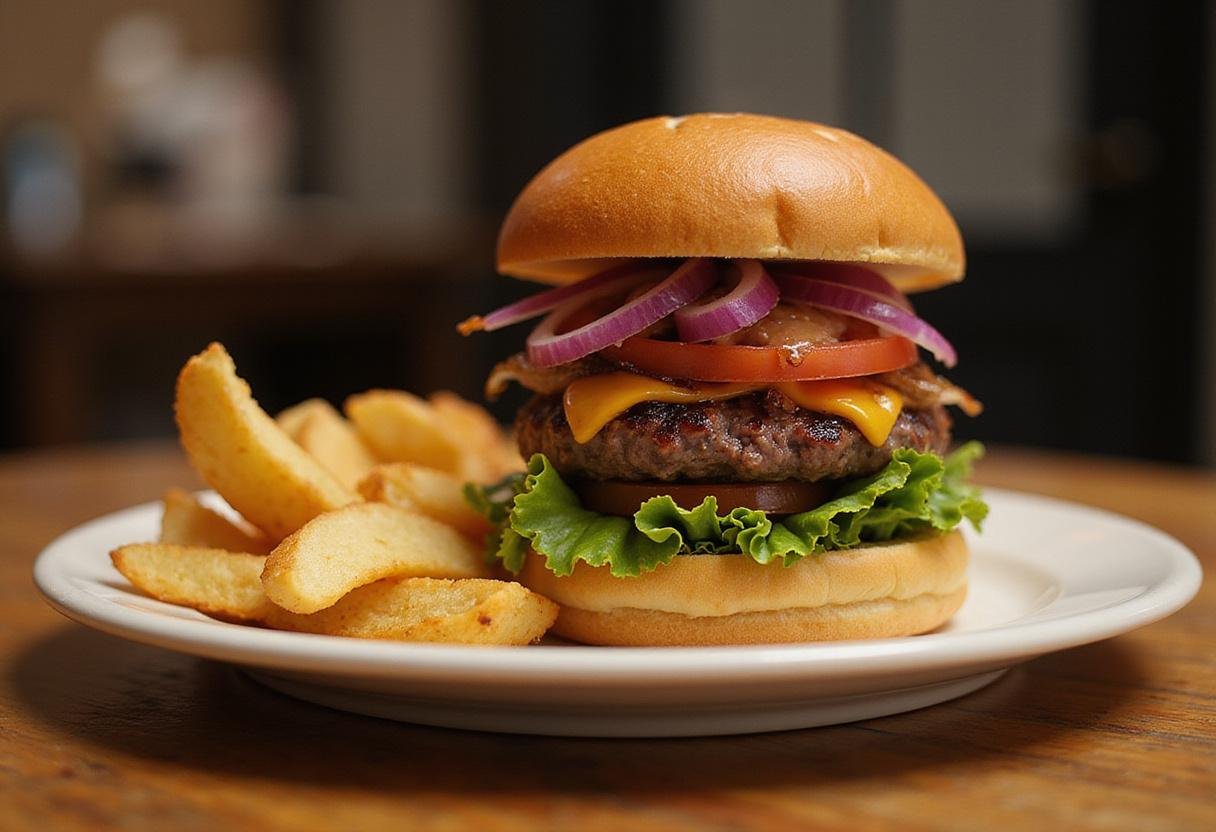 Assembled wagyu burger recipe with fresh toppings, served alongside crispy fries for a delicious meal.