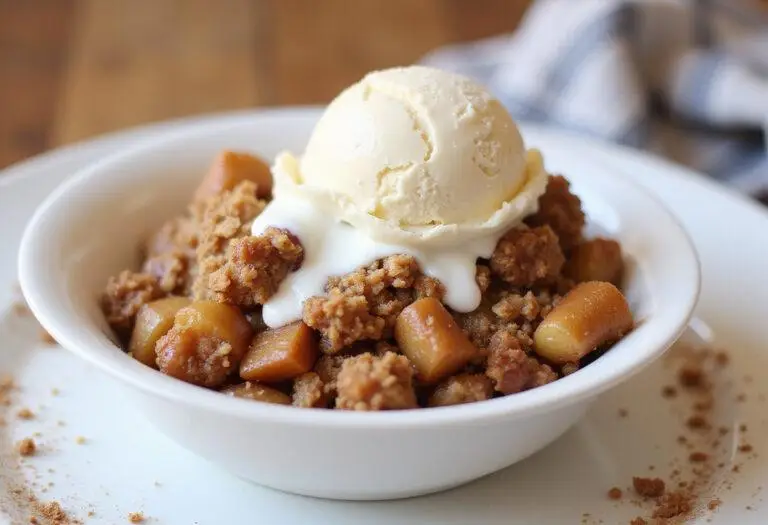 Delicious air fryer apple crisp with a scoop of vanilla ice cream, perfect dessert presentation for an easy and warm treat.