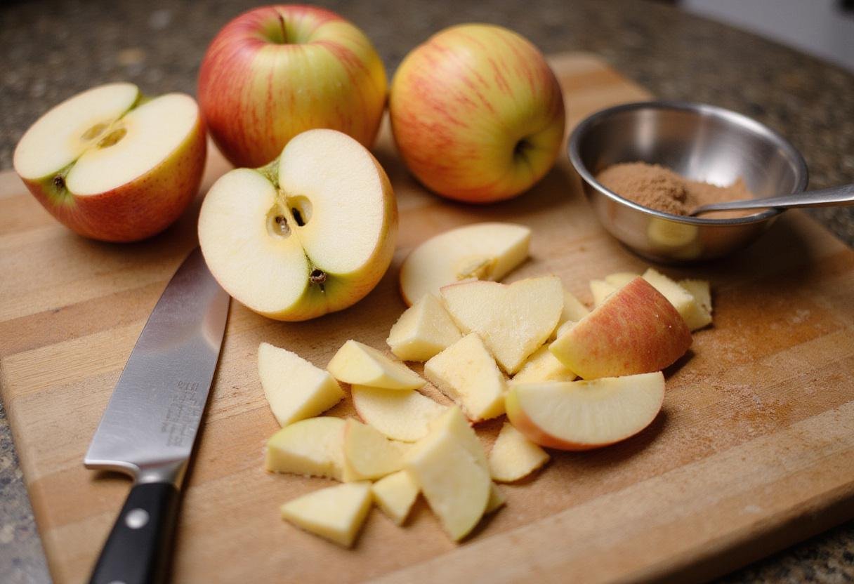 Fresh apples sliced on a cutting board for air fryer apple crisp, preparing sweet cinnamon mixture.