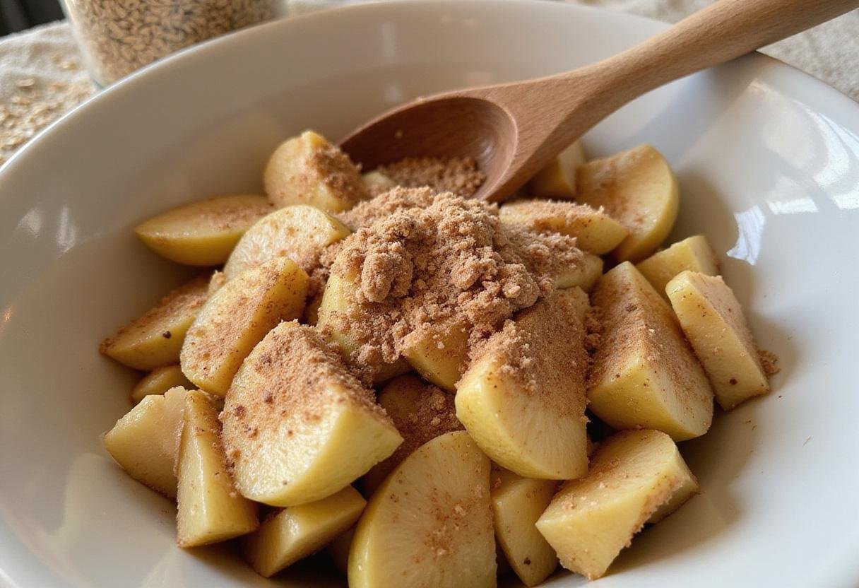 Mixing bowl with apples, cinnamon, and sugar for making air fryer apple crisp, delicious dessert preparation.