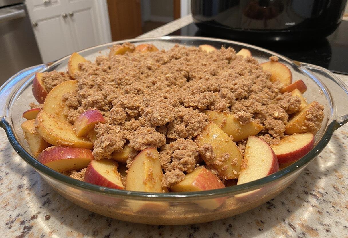 Baking dish of prepared apple crisp mixture ready for the air fryer, showcasing delicious layers of apples and crumble.