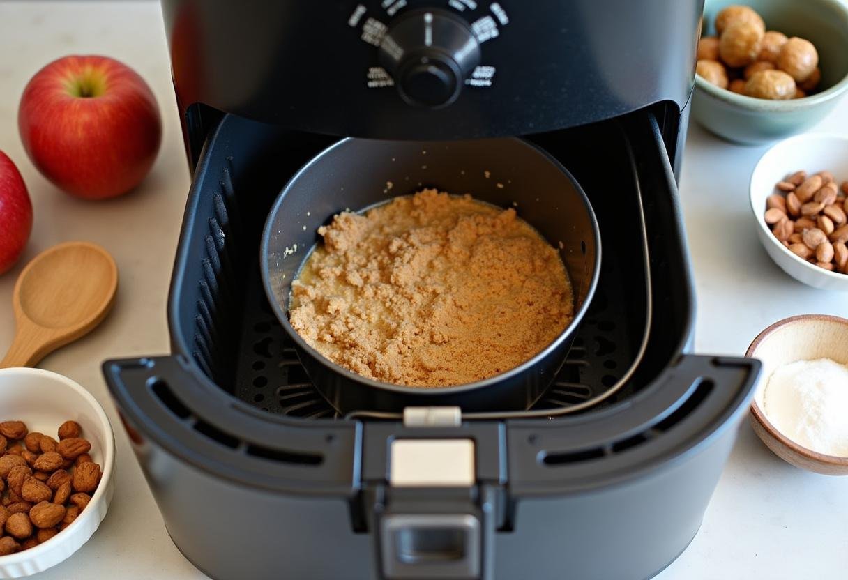 Air fryer basket filled with air fryer apple crisp mixture, ready for cooking to achieve a warm dessert.