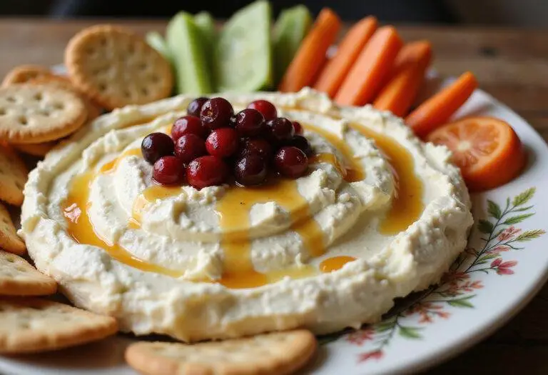 Final presentation of the whipped feta dip with honey and cranberries. Delightful display with vegetables and crackers, perfect for parties.