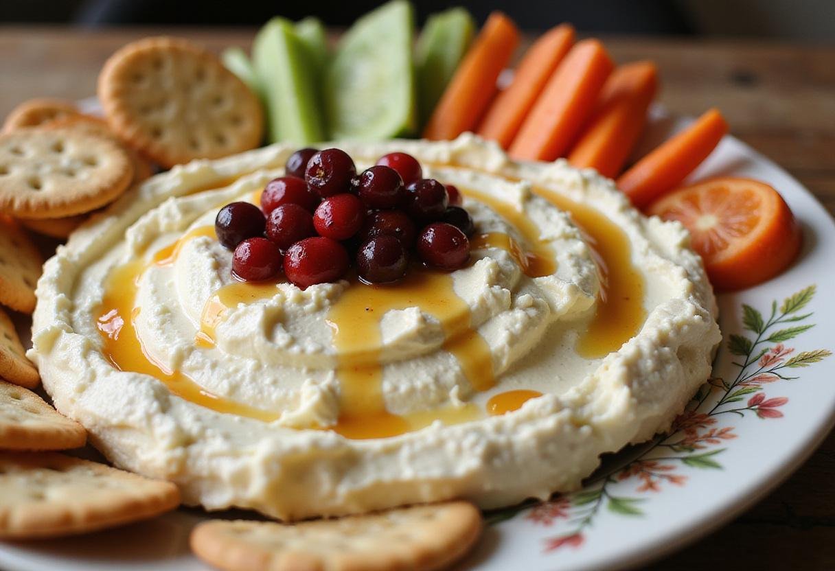 Final presentation of the whipped feta dip with honey and cranberries. Delightful display with vegetables and crackers, perfect for parties.