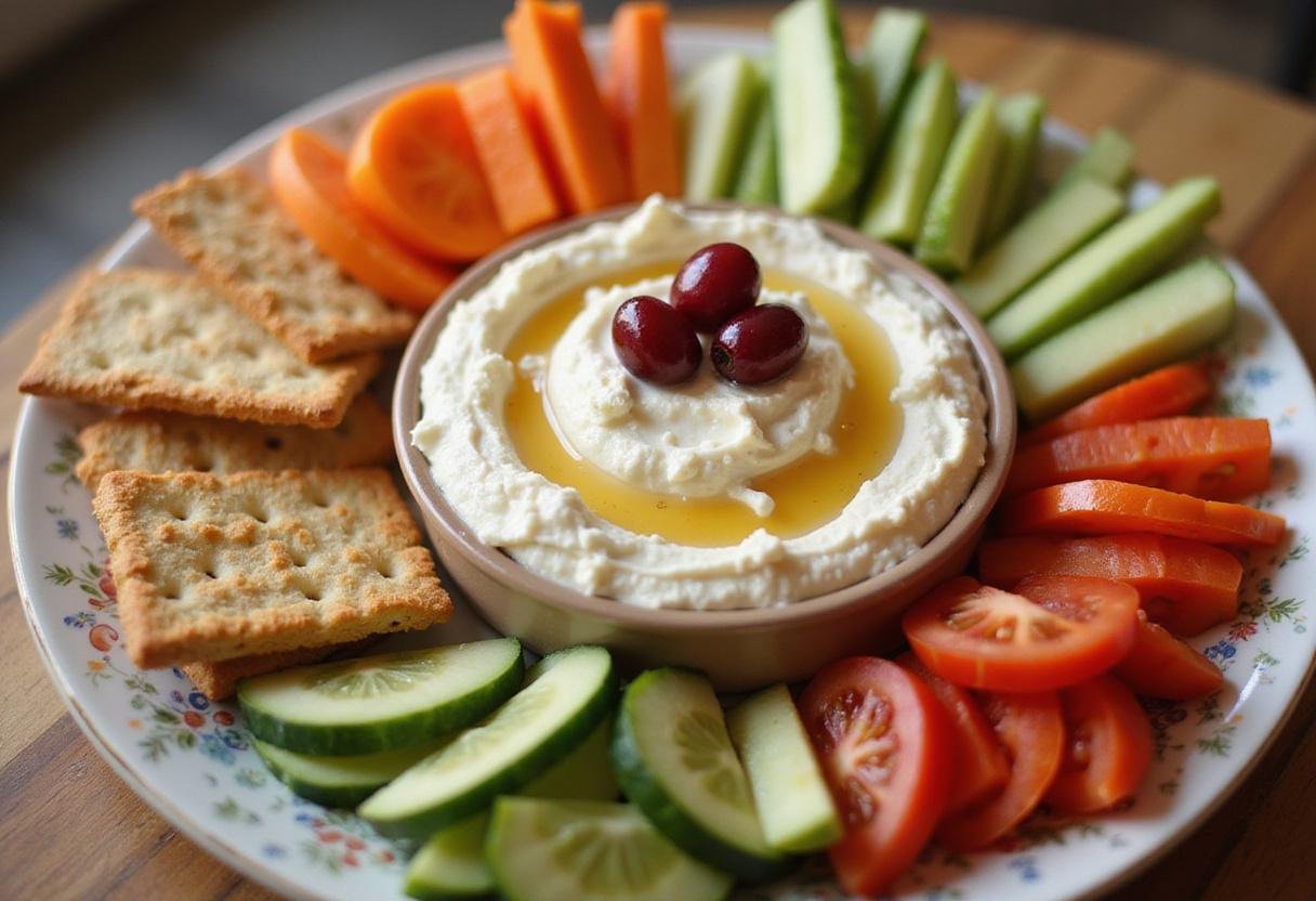 Final presentation of the whipped feta dip with honey and cranberries. Delightful display with vegetables and crackers, perfect for parties.