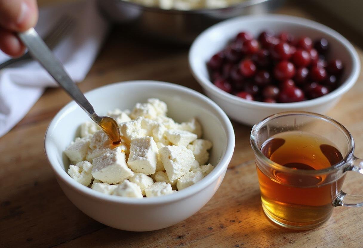 Preparing Whipped Feta Dip with honey and cranberries. Crumbled feta cheese, honey, and cranberries visible in a rustic kitchen setting.