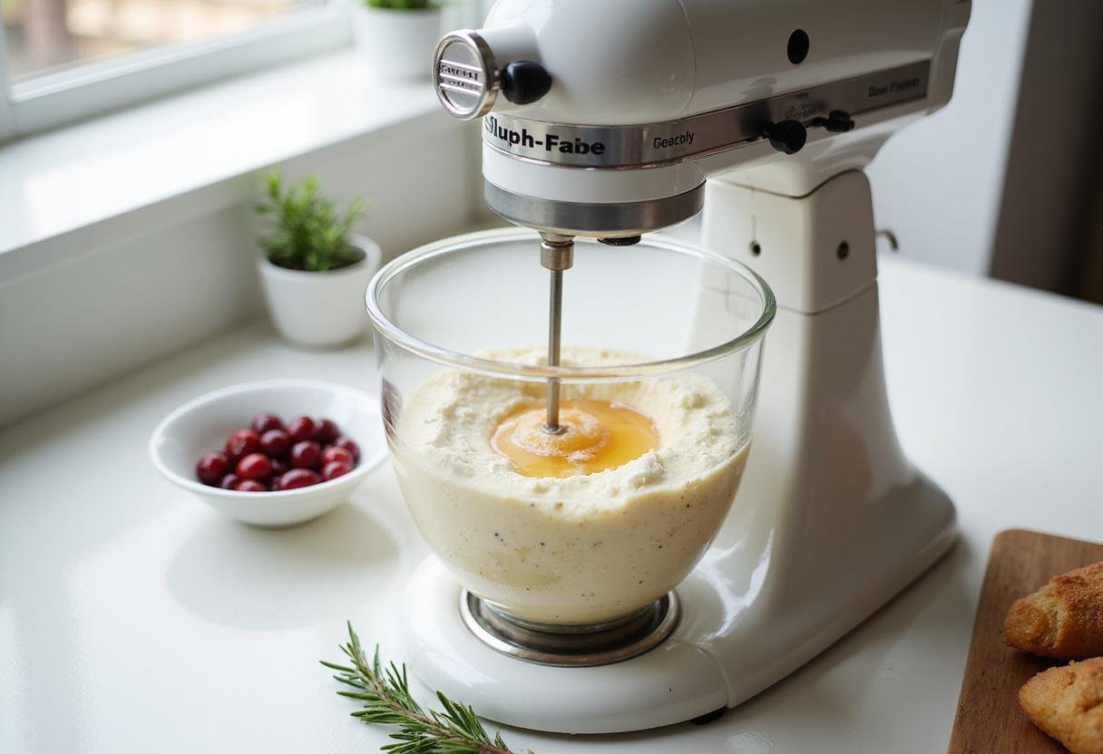 Mixing the Feta cheese and honey for the whipped feta dip recipe. A modern kitchen with cranberries and rosemary creating a lively atmosphere.