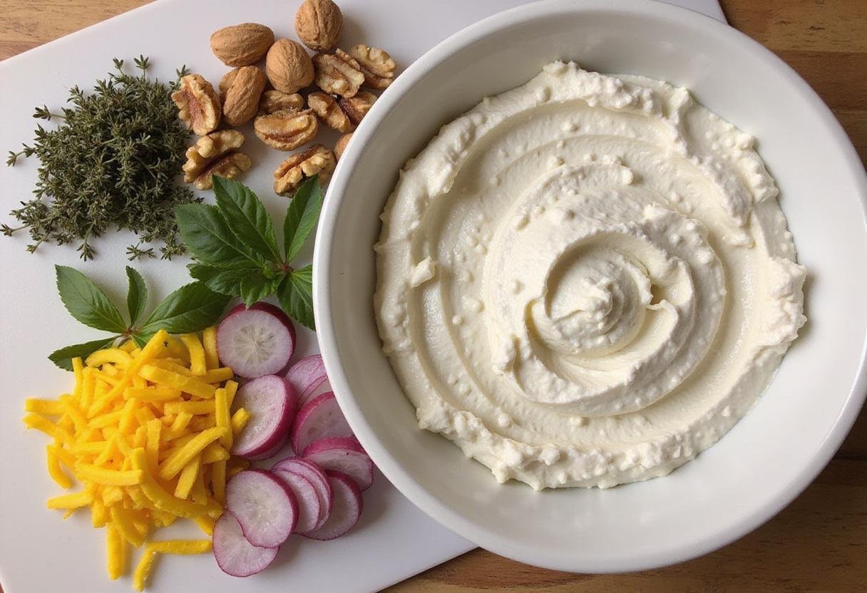 Preparation of cranberry whipped feta dip with walnuts and thyme on a cutting board. Ingredients laid out in an inviting kitchen scene.