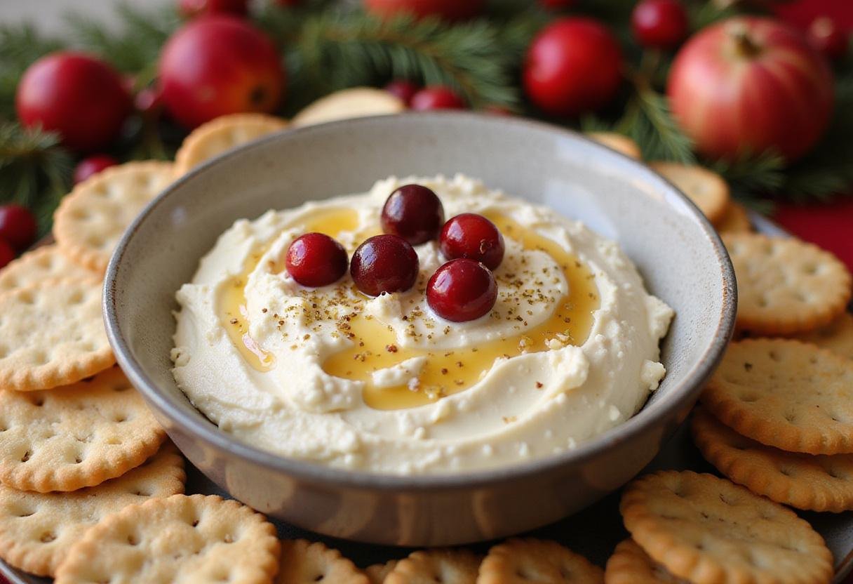 Serving the delicious cranberry whipped feta dip, garnished and ready, showcased at a gathering with crackers. A holiday table setting in view.