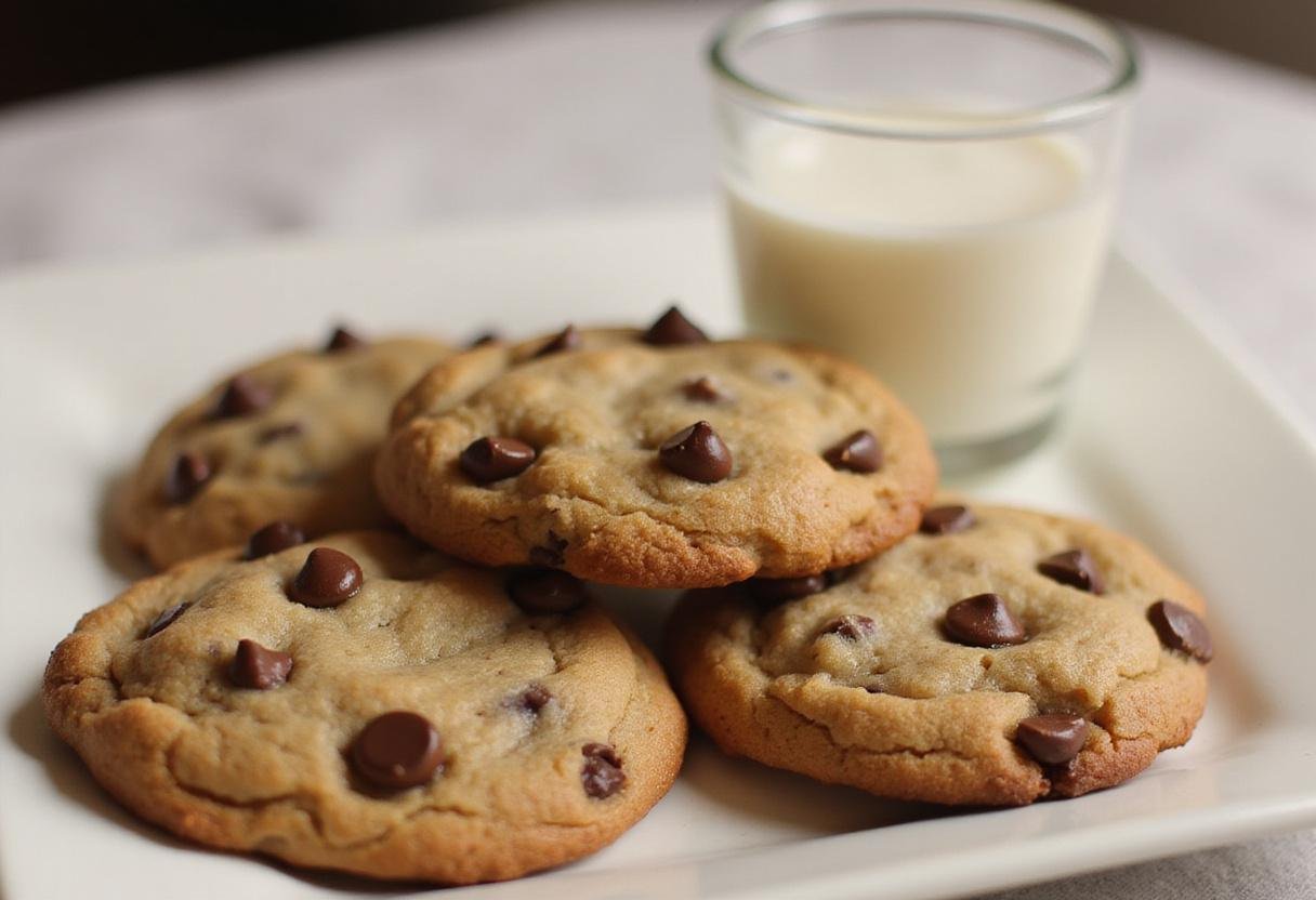 Enjoying a plate of golden whole wheat chocolate chip cookies paired with a glass of milk.