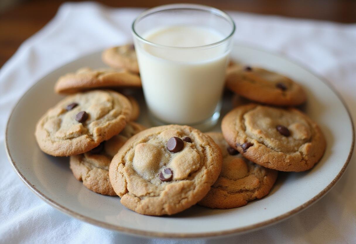 Enjoying a plate of golden whole wheat chocolate chip cookies paired with a glass of milk.