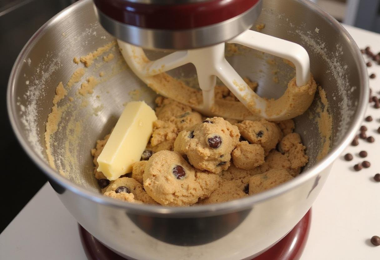 Blending butter and sugars for whole wheat chocolate chip cookies, showcasing the preparation process.