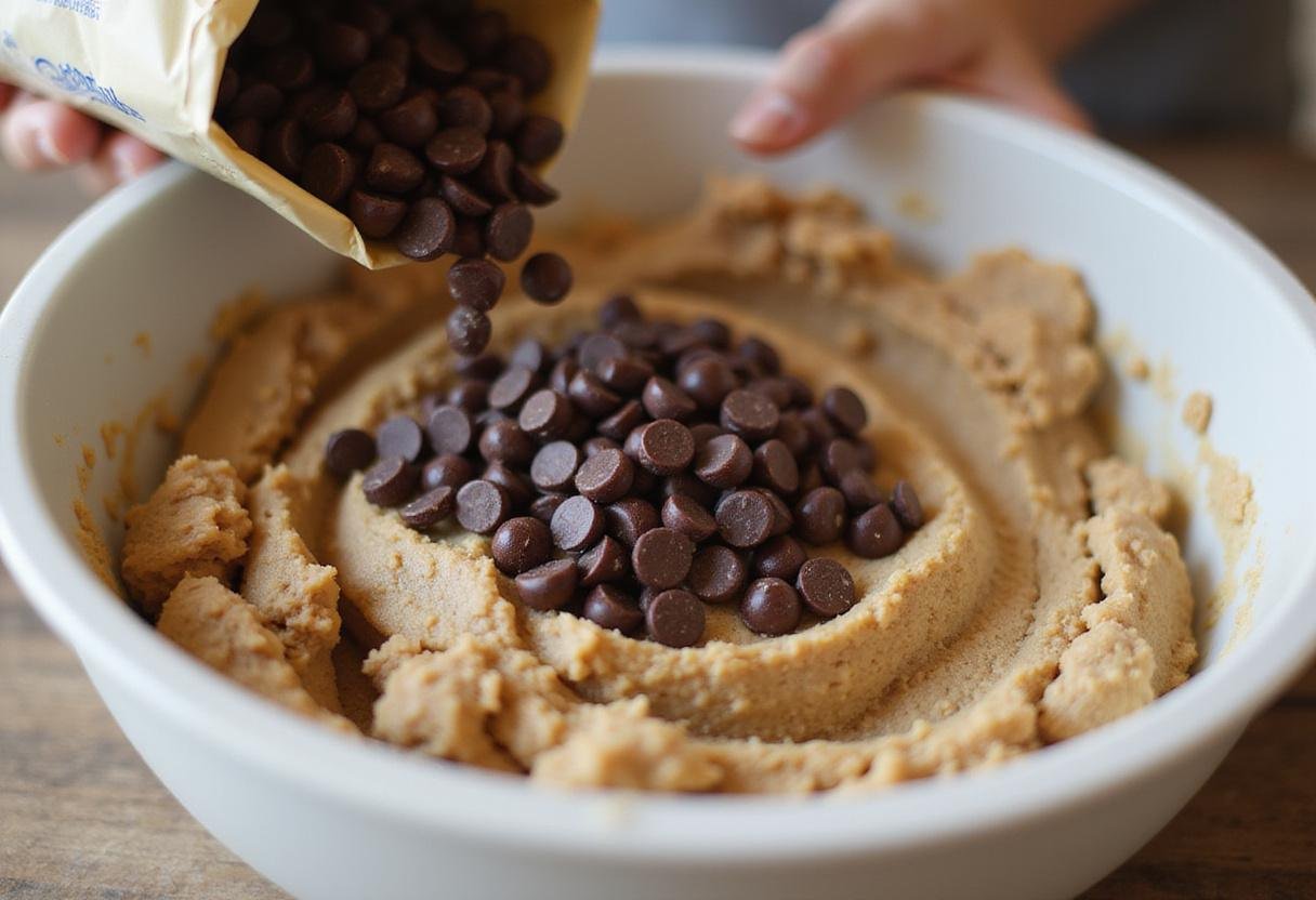 Adding chocolate chips to the whole wheat cookie dough, ready for baking delicious cookies.