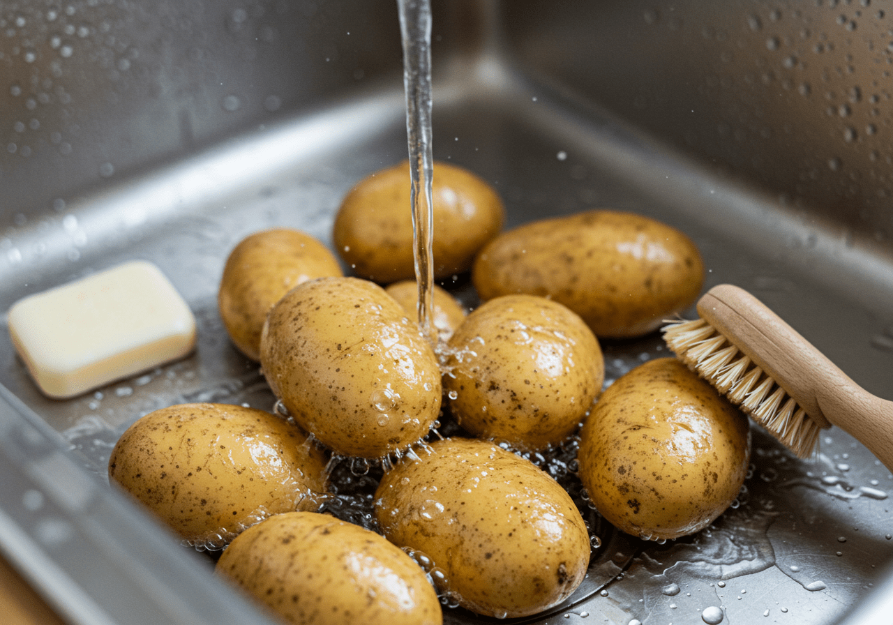 Fresh potatoes being washed for Air Fryer Crispy Potatoes preparation, highlighting the importance of cleanliness in cooking.