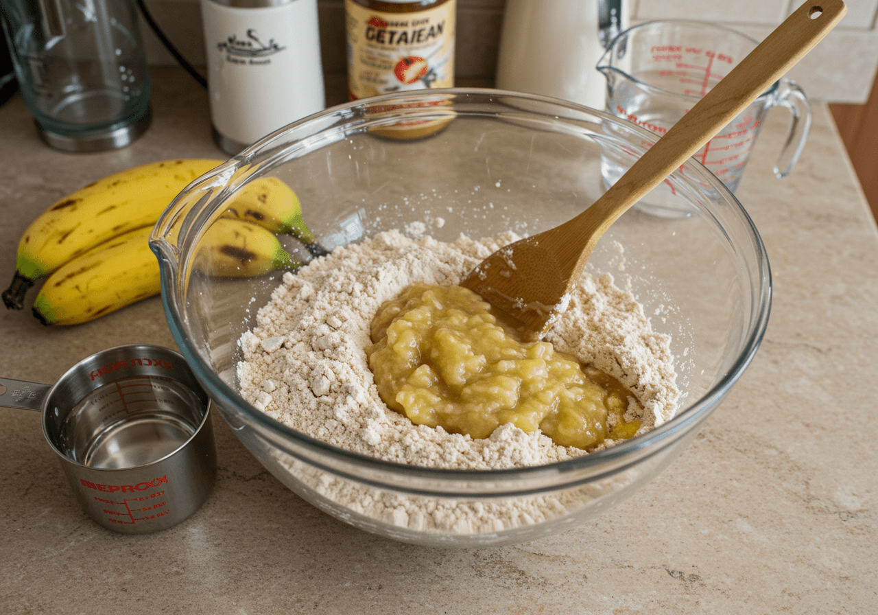 Preparation of cake mix banana bread with ripe bananas and cake mix ingredients on a kitchen counter.
