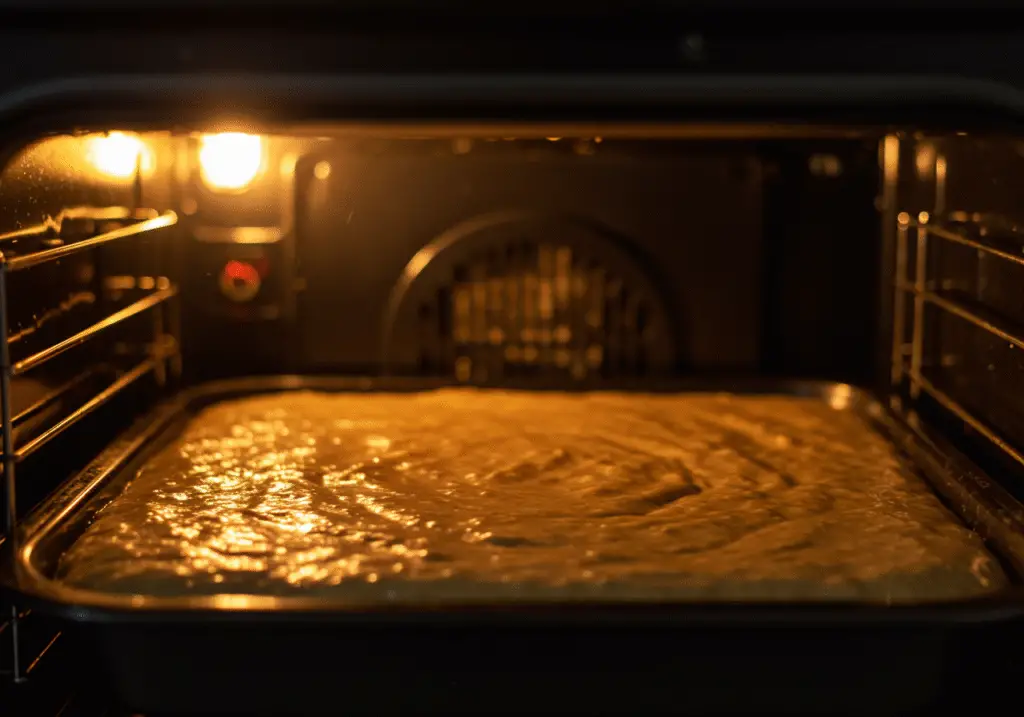 Banana bread rising in the oven, showcasing the baking process of using cake mix for delicious banana bread.