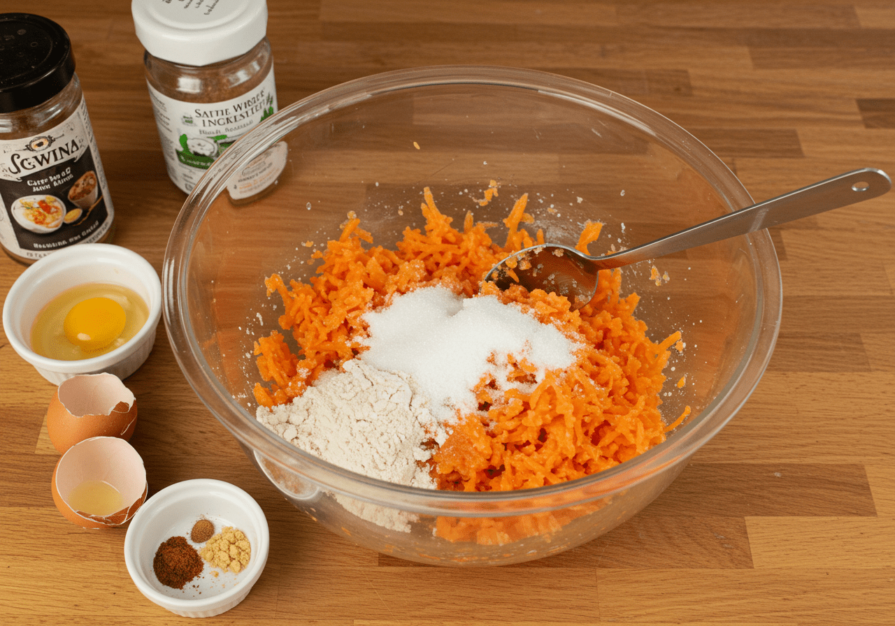 Making carrot cake cookies - mixing grated carrots, flour, and sugar for a delicious carrot cake cookies recipe.