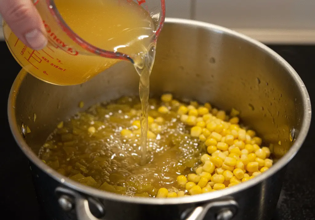 Combining ingredients for Chili's chicken enchilada soup, highlighting the blend of flavors and textures in the pot.