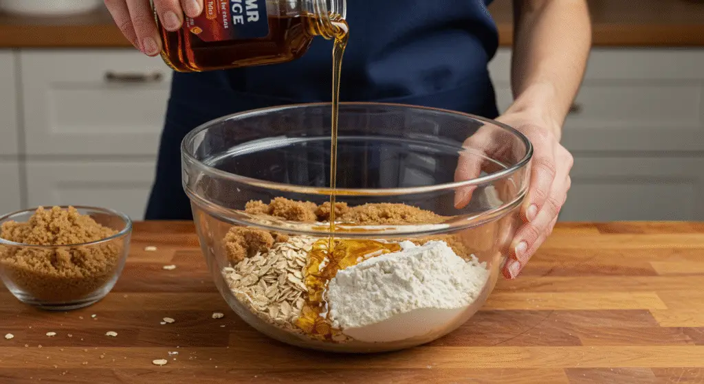 Quaker oats oatmeal raisin cookie recipe ingredients, including oats, brown sugar, and flour, with maple syrup being added for vegan cookies.