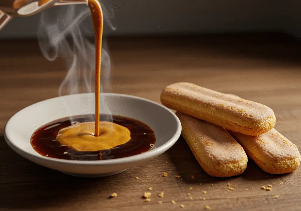 Soaking ladyfingers in freshly brewed espresso for a traditional tiramisu, enhancing flavors for recipes like lemon tiramisu.