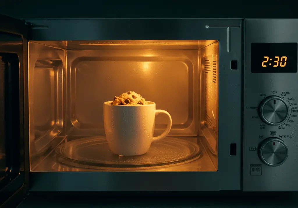 Setting the microwave timer for baking a quick and easy cookie in a mug recipe.
