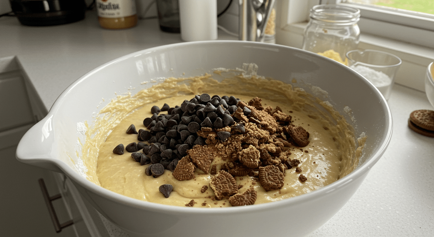 Adding chocolate chips and crushed cookies to the batter for cookies and cream cookies in a bright kitchen.