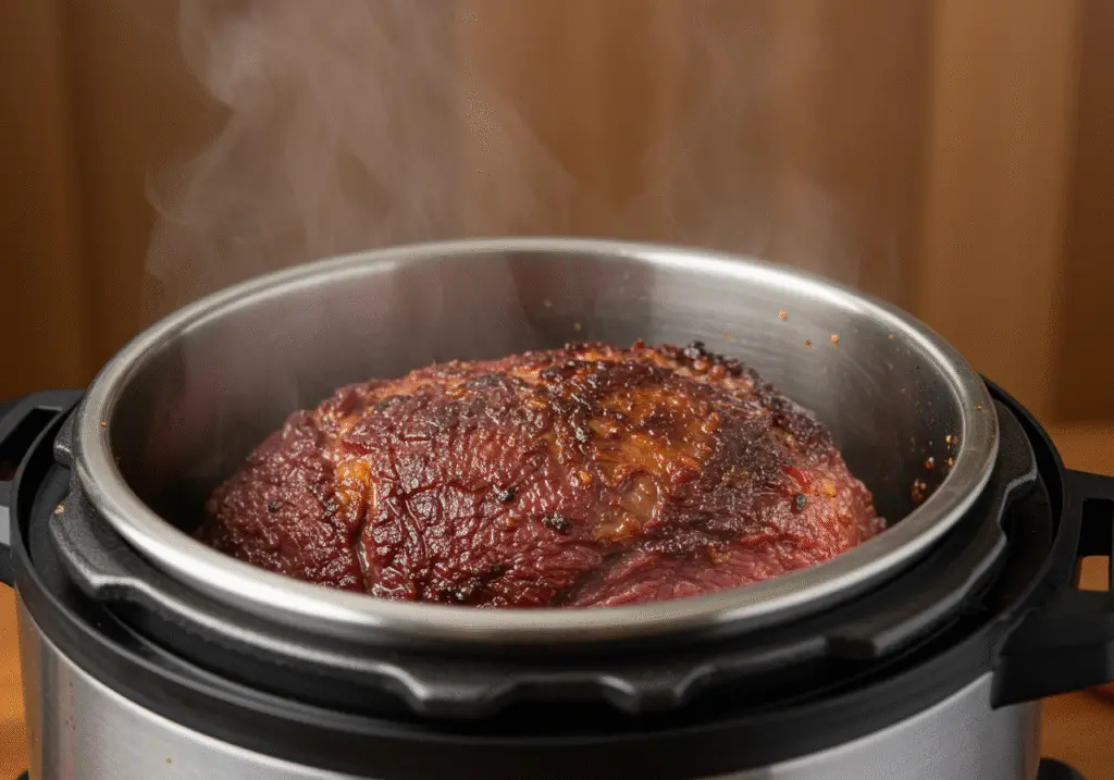 Instant pot with tender corned beef just revealed, highlighting steam and freshness in a culinary setting.