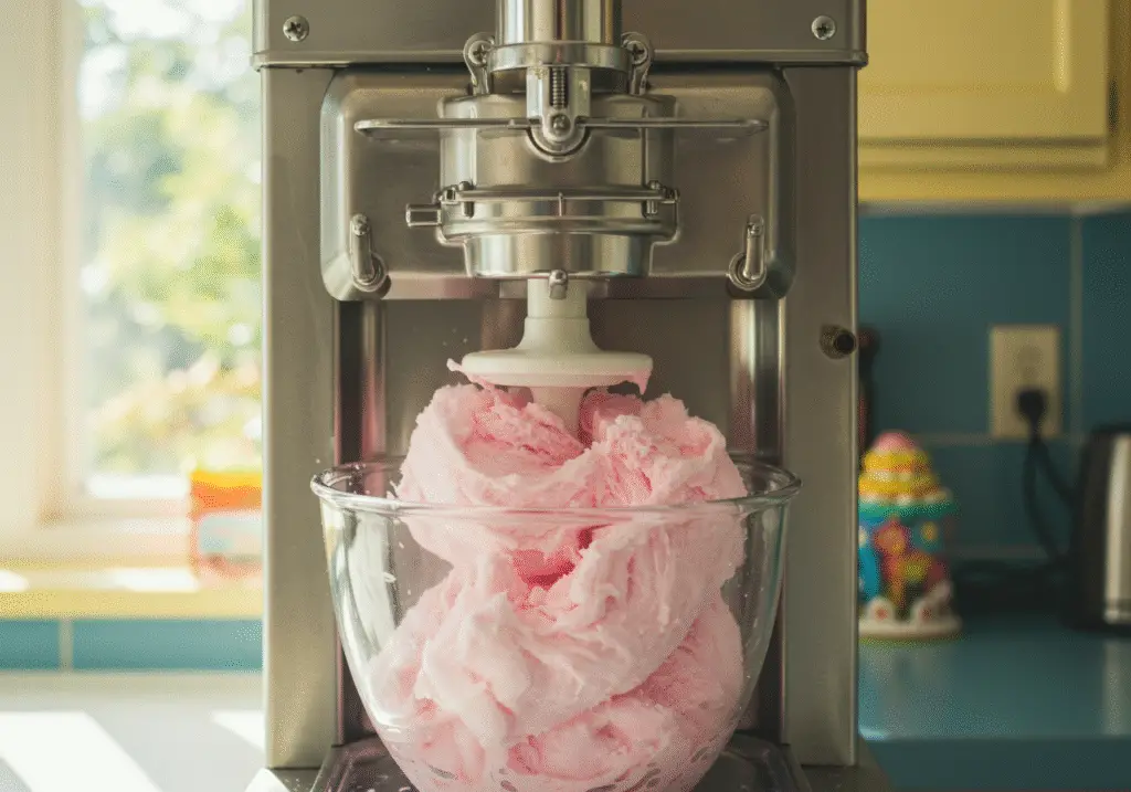 Ice cream machine churning cotton candy ice cream mixture, creating a delightful dessert in a vibrant kitchen.