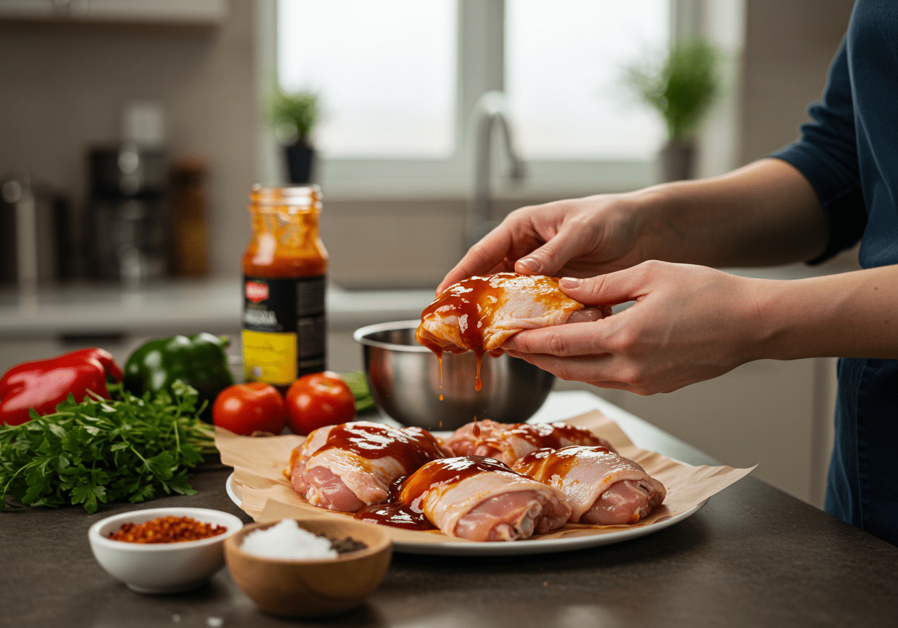 Seasoning air fryer BBQ chicken thighs with barbecue sauce in a modern kitchen for enhanced flavor.