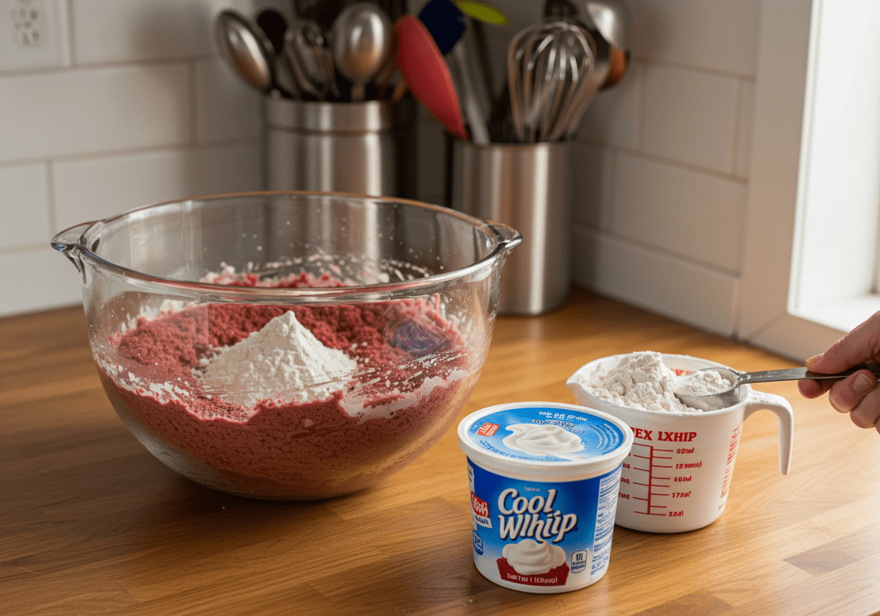 Red velvet cake mix and cool whip in a bright kitchen, preparing easy cake mix cookies.