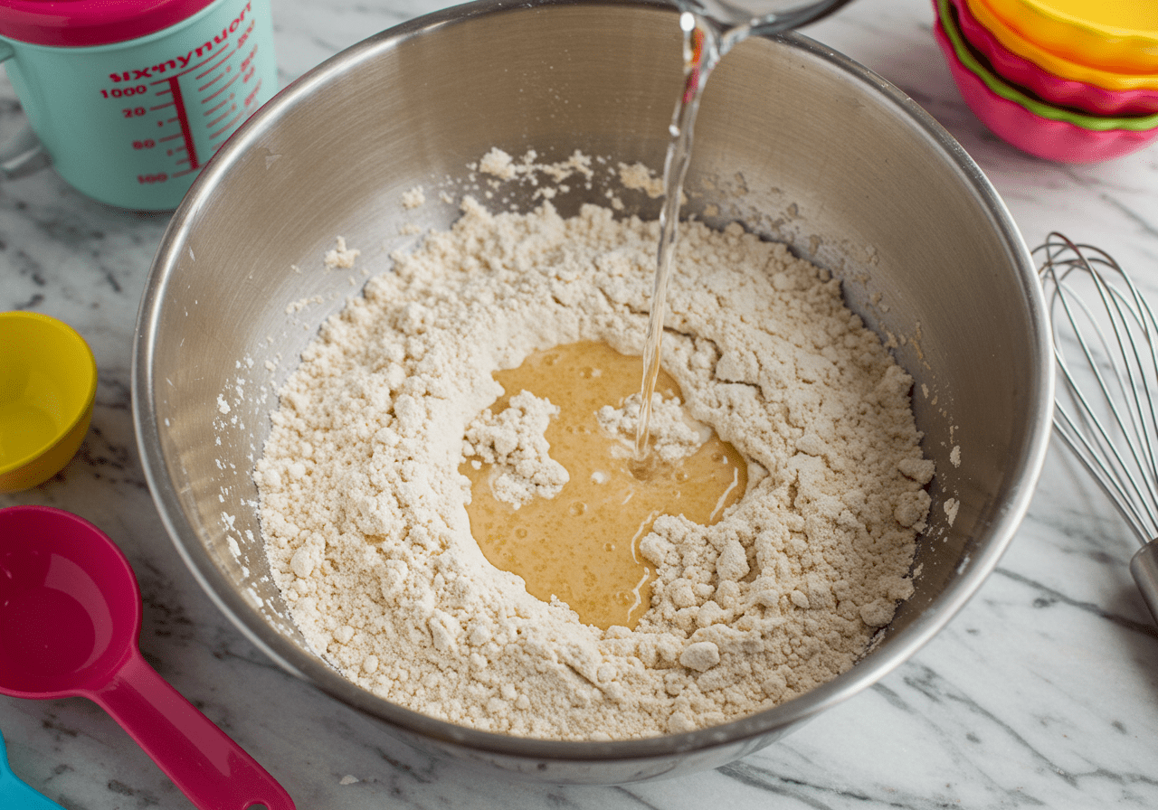 Baking preparation scene showing ingredients for cake mix brownies and pound cake from cake mix, featuring a bowl of cake mix and measuring tools.