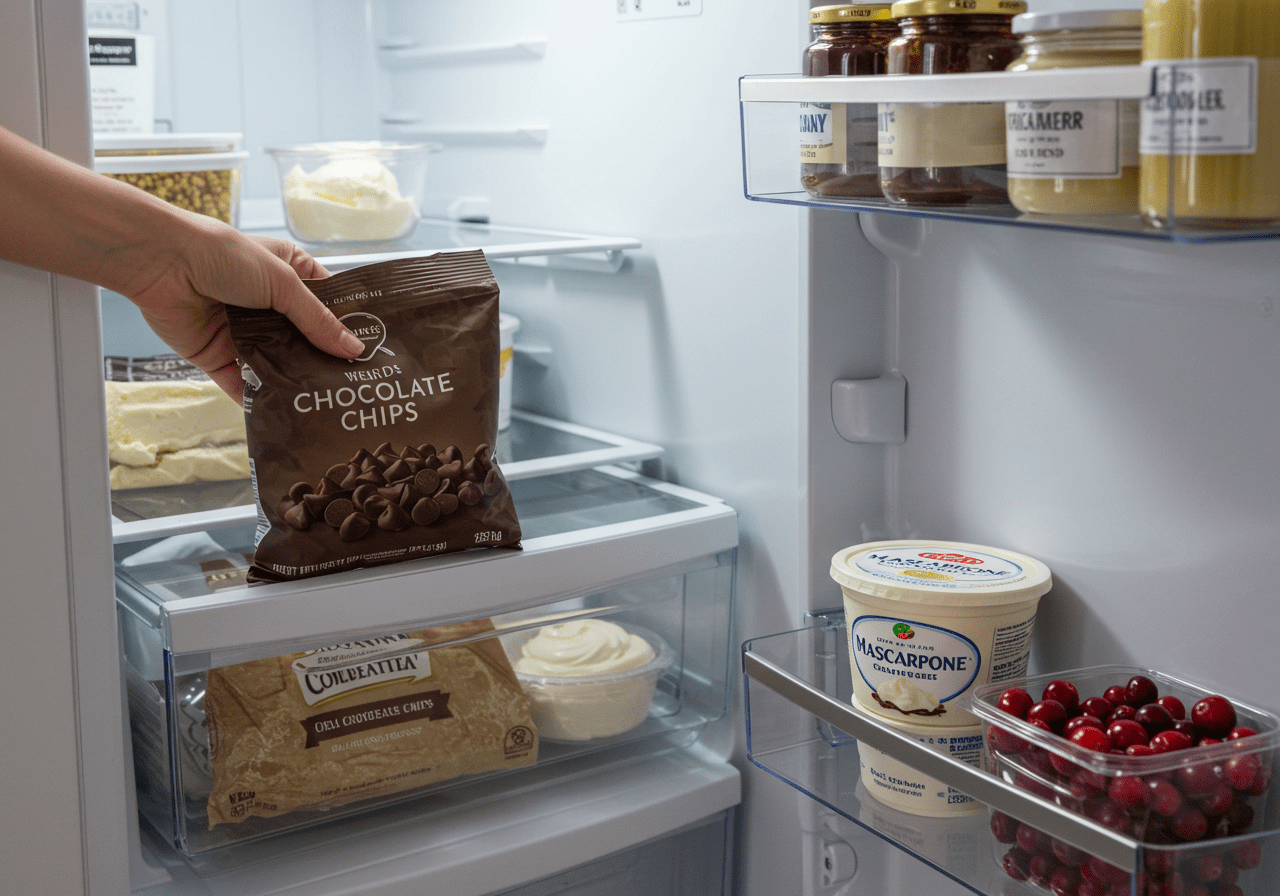 Ingredients for chocolate chip cheesecake and cranberry cheesecake displayed in a refrigerator.